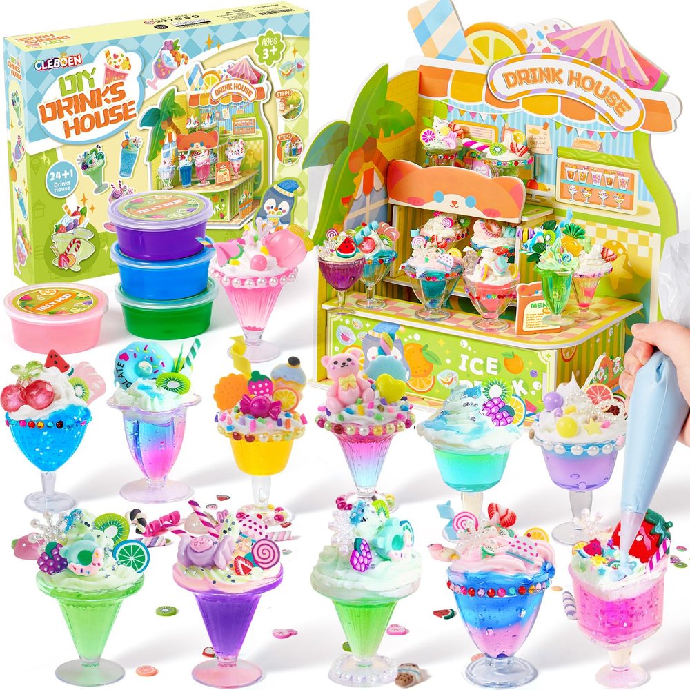 Cleboen Mini Drink House DIY Toy Set, Making 24 Miniature Food Drinks, Resin & Clay Kitchen Play Food DIY Craft Kit for Kids Aged 8+, Ideal Girls Gift for Birthday Christmas, Not Edible