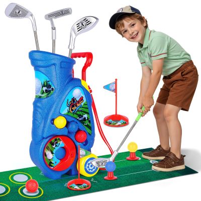 Beautiq Toddler Golf Set with Shoulder Strap for Kids Ages 2-5, Portable Golf Clubs, Cart & Putting Mat - Indoor Outdoor Sports Toys - Blue