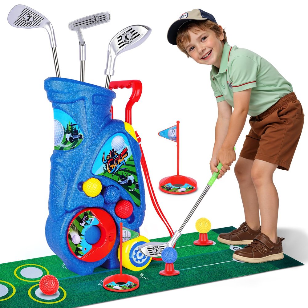 Beautiq Toddler Golf Set with Shoulder Strap for Kids Ages 2-5, Portable Golf Clubs, Cart & Putting Mat - Indoor Outdoor Sports Toys - Blue