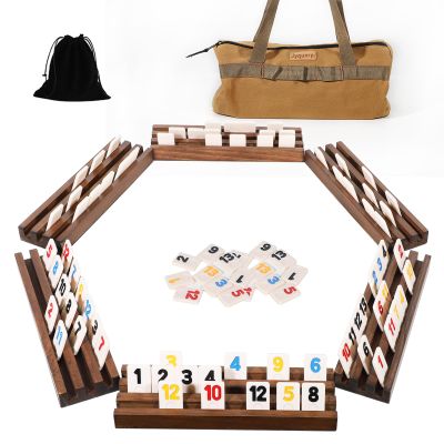 Jyquorp Rummy Cube 6 Player Edition with 6 Wooden Racks Trays 160 Numbers Rummy Tiles Set with Zippered Case Rummy Travel Game Set Classic Board Games for Family Adults Party