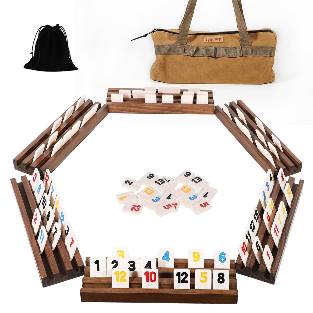 Jyquorp Rummy Cube 6 Player Edition with 6 Wooden Racks Trays 160 Numbers Rummy Tiles Set with Zippered Case Rummy Travel Game Set Classic Board Games for Family Adults Party