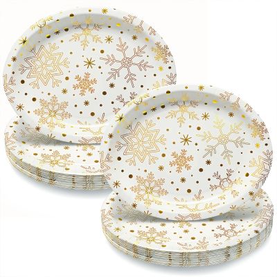100Pcs Large Christmas Oval Paper Plates, 12"x10" White Gold Snowflake Dinner Plates Heavy Duty Disposable Dinnerware Set for Xmas Winter Wonderland Holiday Party Supplies Kitchen Table Decor