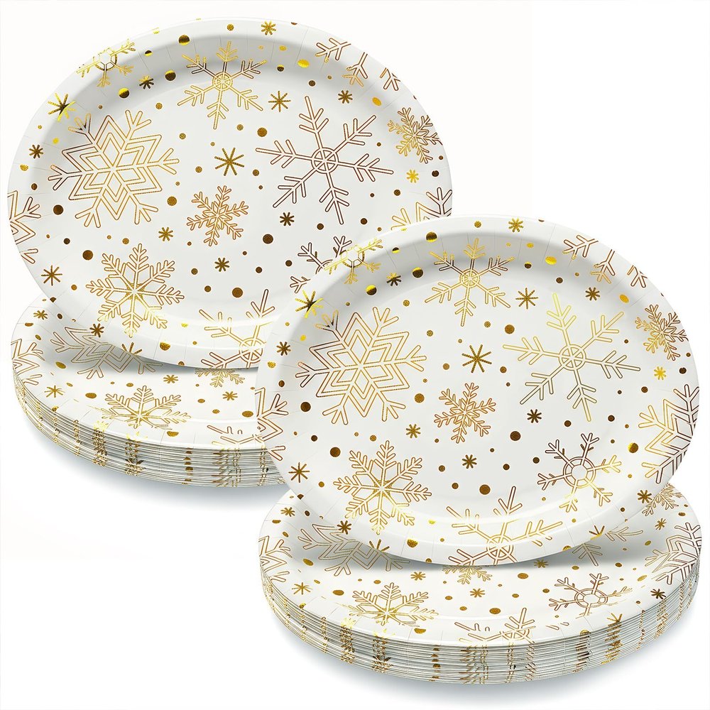 100Pcs Large Christmas Oval Paper Plates, 12"x10" White Gold Snowflake Dinner Plates Heavy Duty Disposable Dinnerware Set for Xmas Winter Wonderland Holiday Party Supplies Kitchen Table Decor