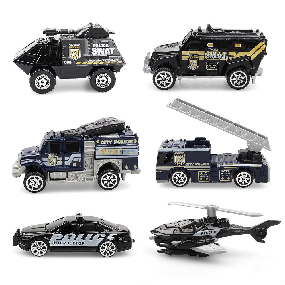 6 Pack Diecast Police Car Toy Set  Mini Alloy Police Vehicles for Boys Ages 3-7, Includes Armored Car, Rescue Truck, Bulletproof SUV, Military Helicopter  Birthday Gift for Kids