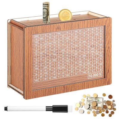 Adults Money Box with Goal Counter, Save for $10,000, Wooden Cash Bank with Dual Slots, Easy to Assemble and Ideal for Kids and Adults