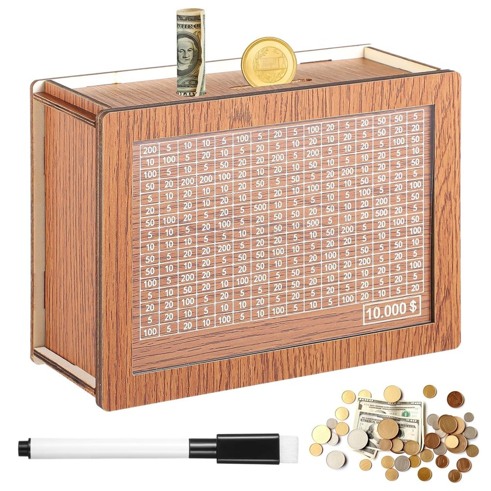 Adults Money Box with Goal Counter, Save for $10,000, Wooden Cash Bank with Dual Slots, Easy to Assemble and Ideal for Kids and Adults