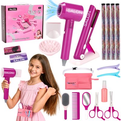 Hair Salon Toys for Girls 3-7, 19 Pcs Toddler Kids Beauty Salon Playset Pretend Play Hair Styling Set with Hair Tinsel Clip, Blow Dryer and Styling Accessories, Christmas Birthday Gifts for Girls