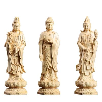 Amitabha Buddha Statue Set, Wood Carving Buddha Figures Kuan yin-Shakyamuni-Mahasthamaprapta Buddha Statue Home Office Decor Sculpture Figurines (3pc)