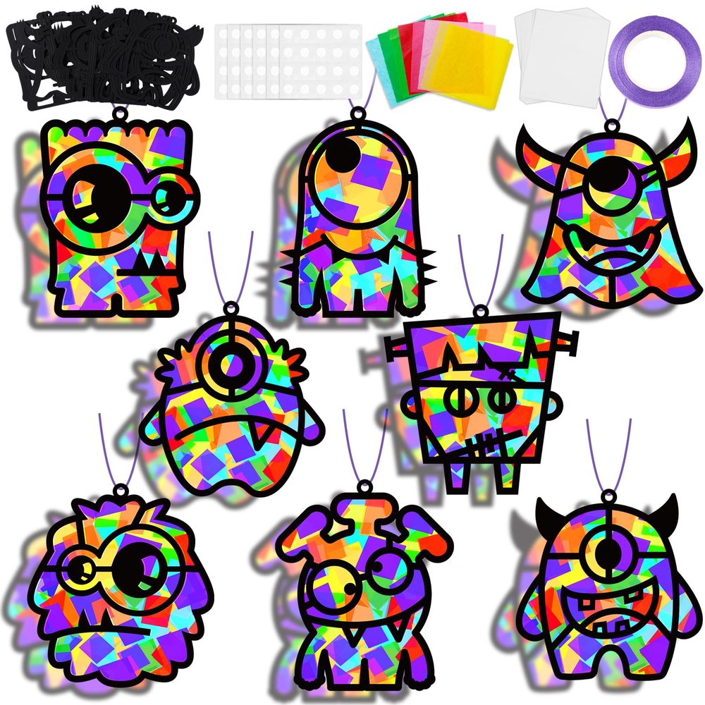 32 Sets Halloween Monster Suncatchers Craft Kit DIY Window Stained Glass Effect Halloween Monster Paper Crafts Home School Classroom Decoration Kid Birthday Gift Creative Art Project Activity Game