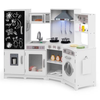 GLACER Corner Wooden Play Kitchen for Kids, Large Pretend Play Kitchen Playset with Sound, Light, Chalkboard, Microwave, Ice Maker, Washing Machine, Accessories, Toy Kitchen Set for Ages 3+ (White)