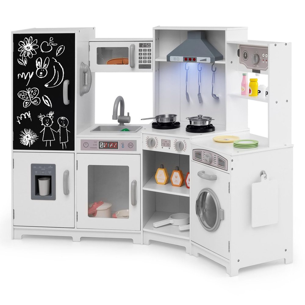 GLACER Corner Wooden Play Kitchen for Kids, Large Pretend Play Kitchen Playset with Sound, Light, Chalkboard, Microwave, Ice Maker, Washing Machine, Accessories, Toy Kitchen Set for Ages 3+ (White)