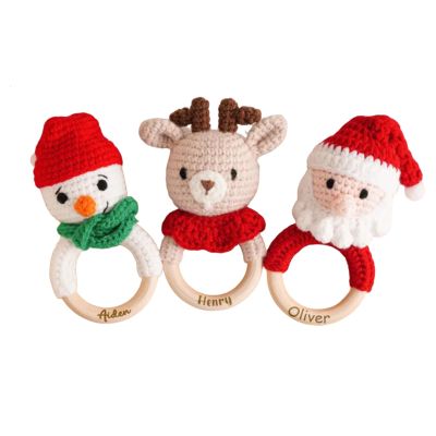 Personalized Baby Name Engraving Christmas Wooden Rattle, Custom Toddler Handmade Crochet Animal Ring Toys (Santa, Snowman, Reindeer)