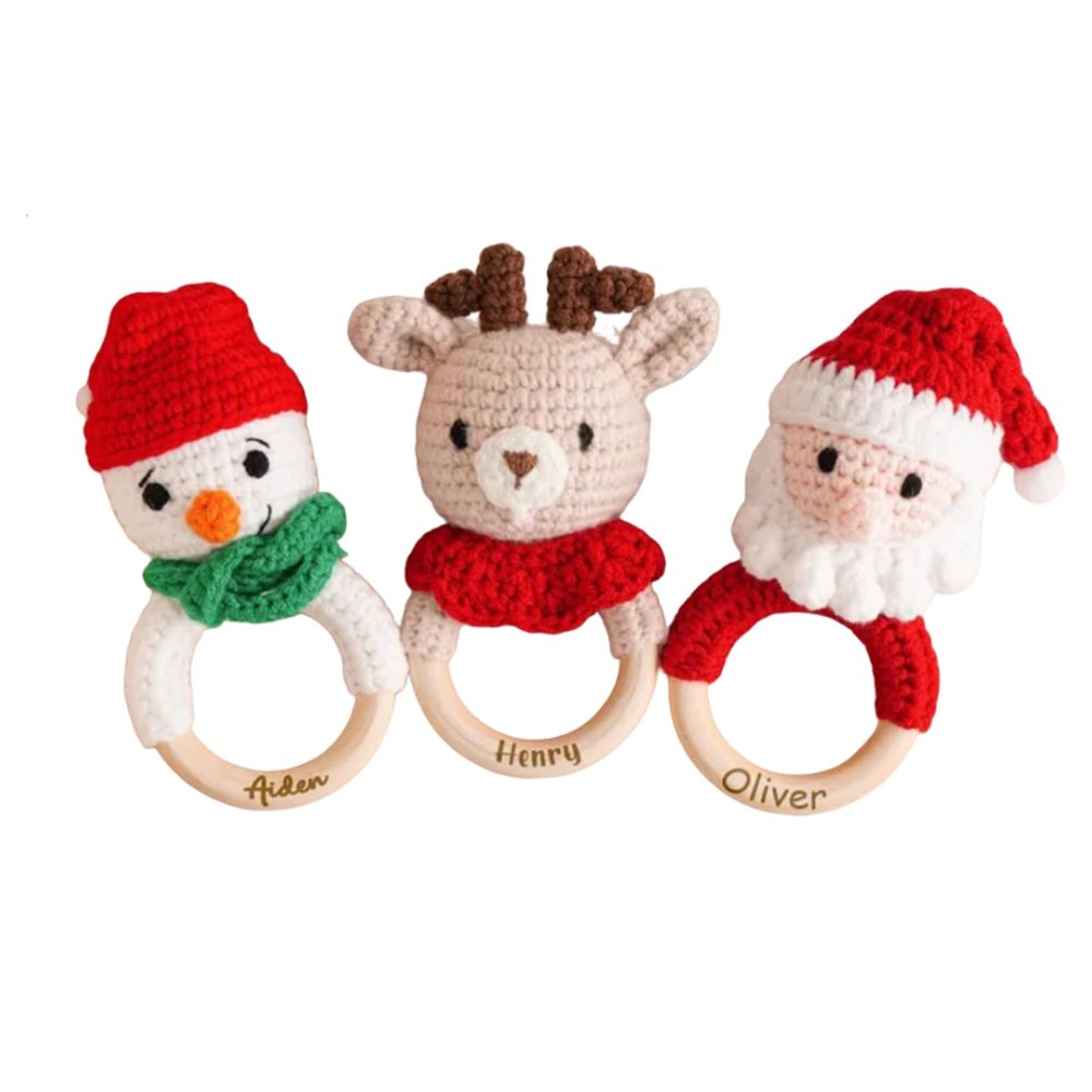 Personalized Baby Name Engraving Christmas Wooden Rattle, Custom Toddler Handmade Crochet Animal Ring Toys (Santa, Snowman, Reindeer)