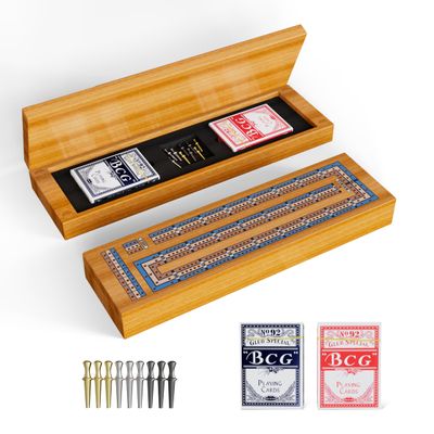 Wooden Cribbage Board Game Set  Continuous 3-Track Cribbage Board with Magnetic Lock & Large Storage, 9 Metal Pegs and 2 Decks of Cards  Portable Strategy Game for Travel & Game Nights