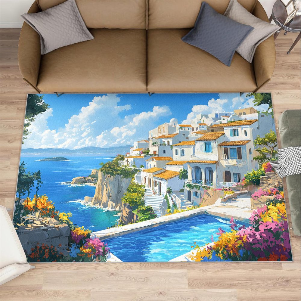 Santorini Ocean Horizon Area Rugs 4x5 - Cycladic Retreat Rug for Entryway, Coastal Landscape Washable Entry Way Rugs Kids Carpet for Inside House Playroom Living Room End Table Nursery
