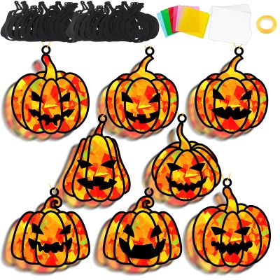 32 Sets Fall Halloween Pumpkin Suncatchers Craft Kit DIY Window Stained Glass Effect Halloween Pumpkin Paper Craft Home School Classroom Decoration Kid Birthday Gift Creative Art Project Activity Game
