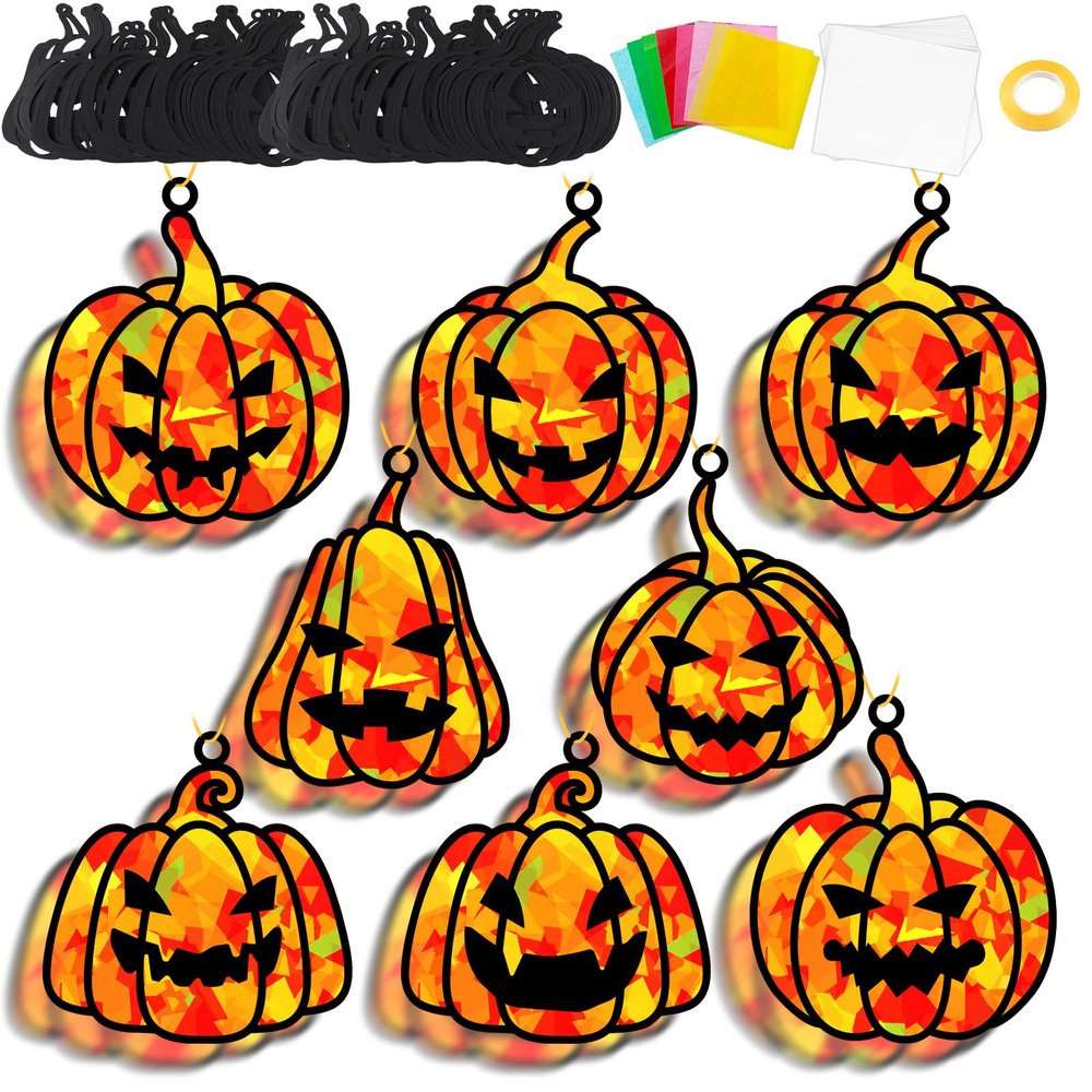 32 Sets Fall Halloween Pumpkin Suncatchers Craft Kit DIY Window Stained Glass Effect Halloween Pumpkin Paper Craft Home School Classroom Decoration Kid Birthday Gift Creative Art Project Activity Game