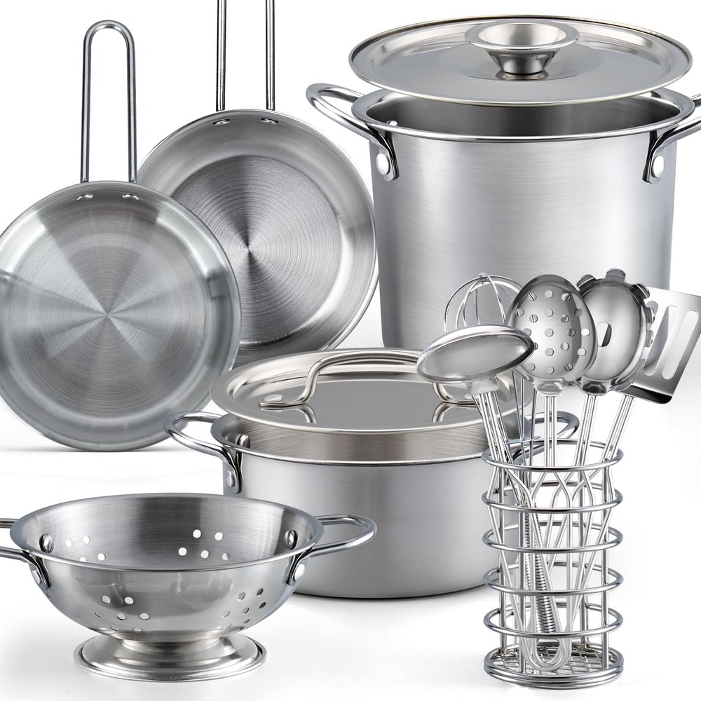 13Pcs Kids Pretend Play Kitchen Accessories Pots and Pans Playset, Stainless Steel Pots and Pans Cooking Utensils in Draining Caddy Kitchen Toy Set Accessories for Kids Toddler Age 3 Years Old