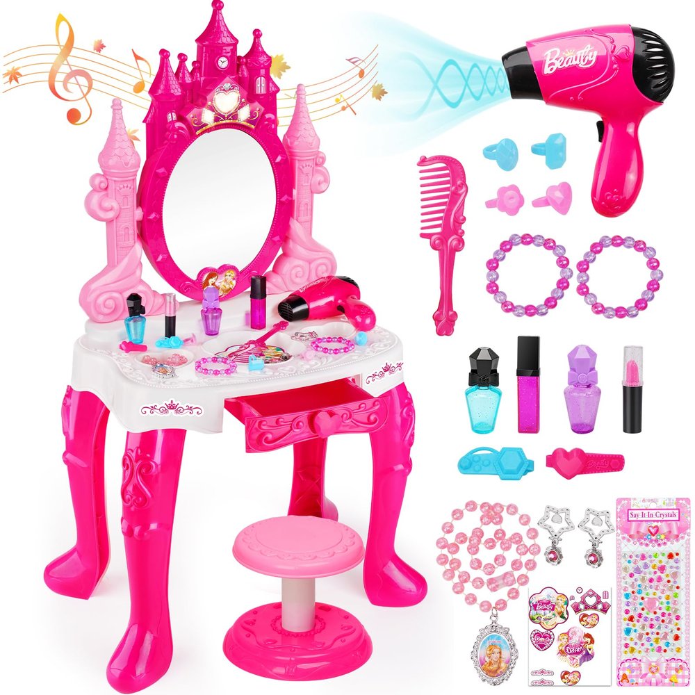 Easface Kids Vanity for Girls, Toddler Makeup Vanity Table and Chair Set Set Toys with Music Light, Pretend Play Princess Dress Up Playset Gift for Toddler Girls 3 4 5 6 Years Old