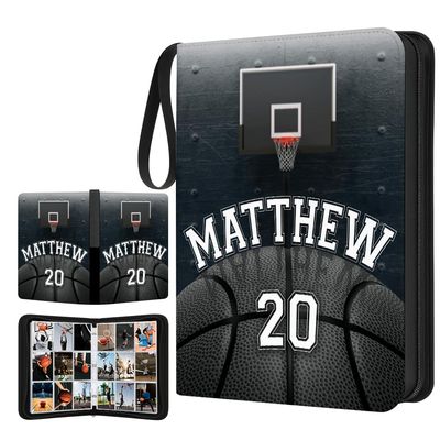 Custom Basketball Card Binder with Name & Number Personalized Sports Trading Card Album Collector Book for Kids, Teens, Boys Gift for Players & Fans (Dark Basketball Court)