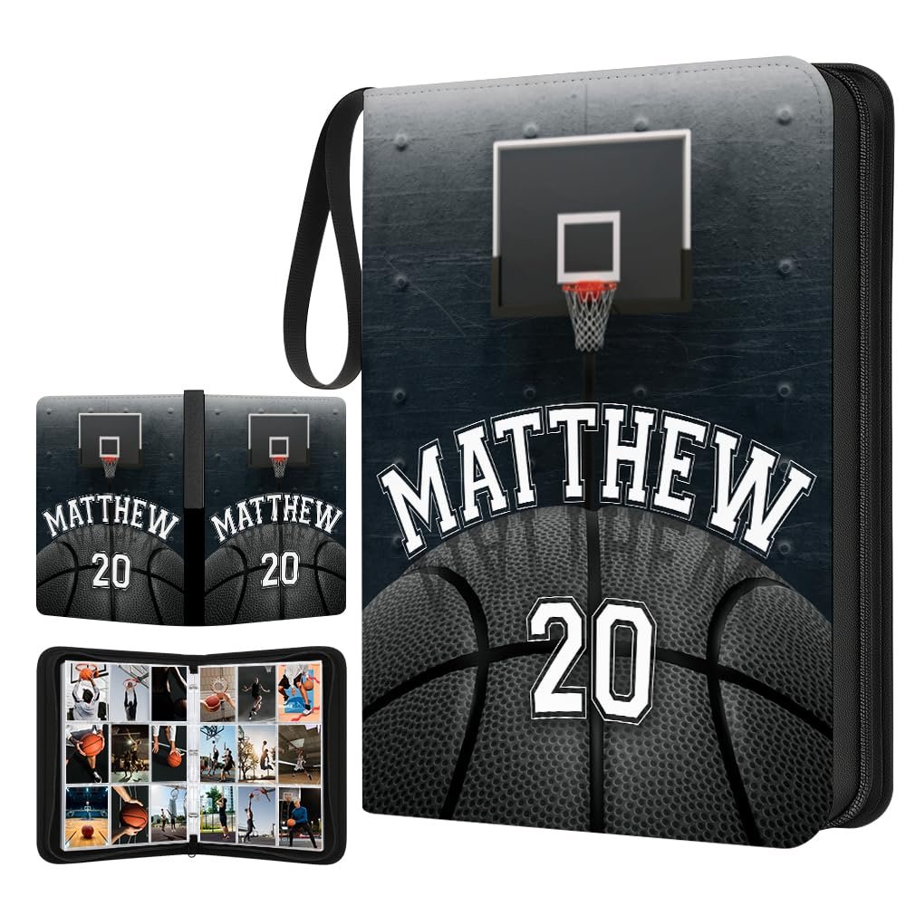 Custom Basketball Card Binder with Name & Number  Personalized Sports Trading Card Album  Collector Book for Kids, Teens, Boys  Gift for Players & Fans (Dark Basketball Court)