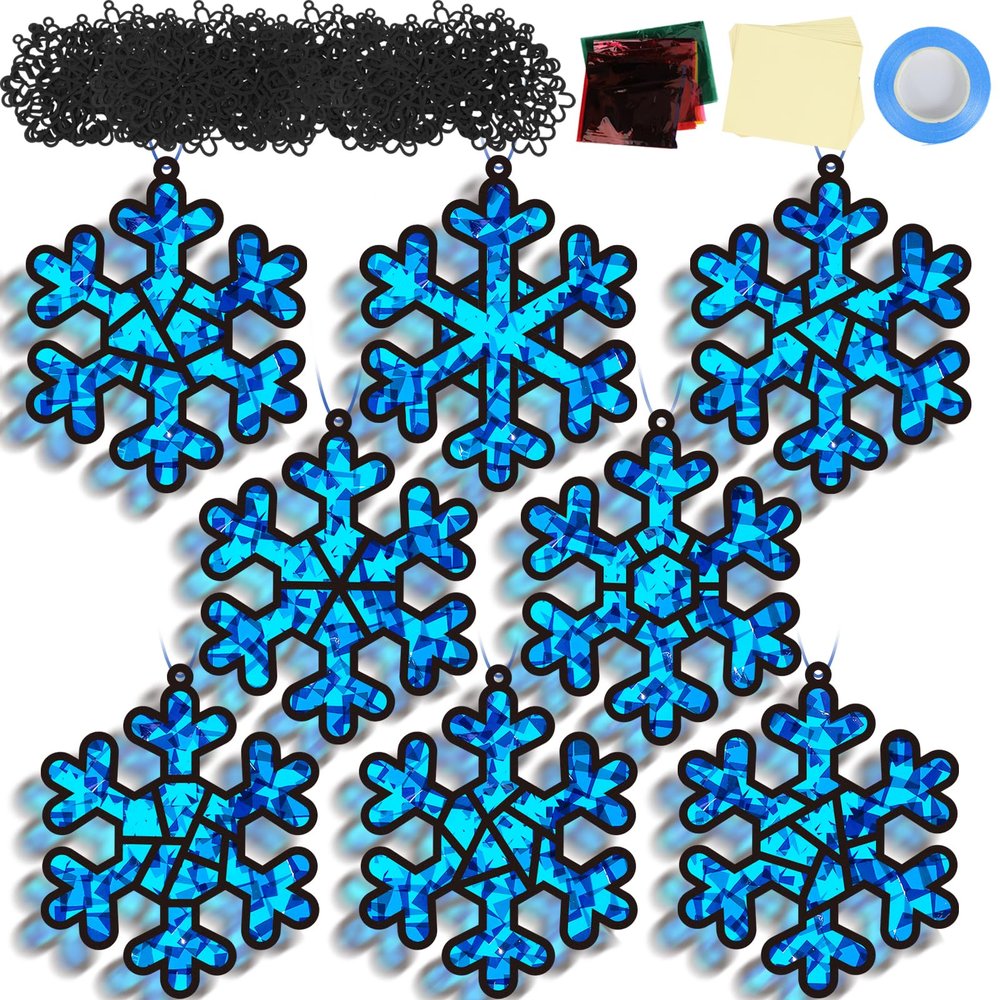 32 Sets Winter Snowflake Suncatchers Craft Kit DIY Window Stained Glass Effect Wintertime Snowflake Paper Crafts Home School Classroom Decoration Kid Birthday Gift Creative Art Project Activity Game