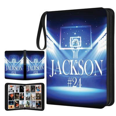 Personalized Basketball Card Binder with Name & Number Sport Trading Card Album for Kids Custom Sports Card Collector Book Gifts for Boys, Teens, Players, Fans (Blue Basketball Court)