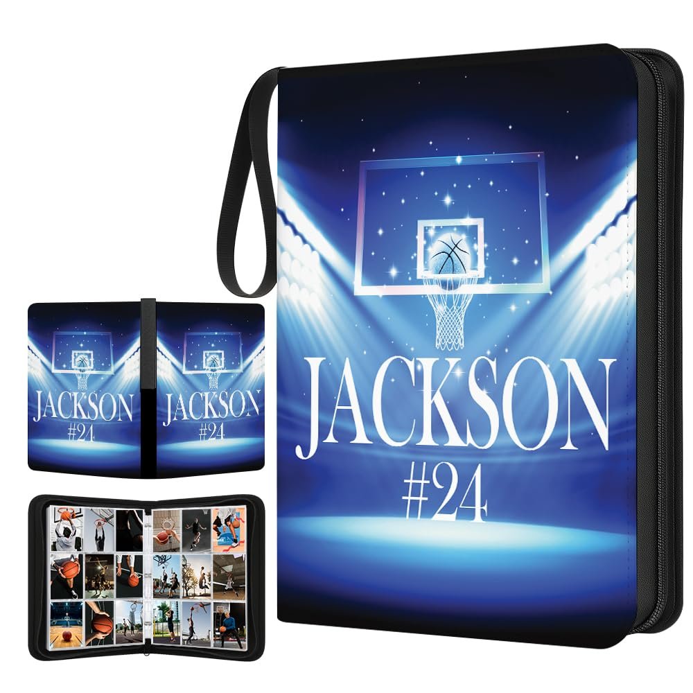 Personalized Basketball Card Binder with Name & Number Sport Trading Card Album for Kids Custom Sports Card Collector Book Gifts for Boys, Teens, Players, Fans (Blue Basketball Court)