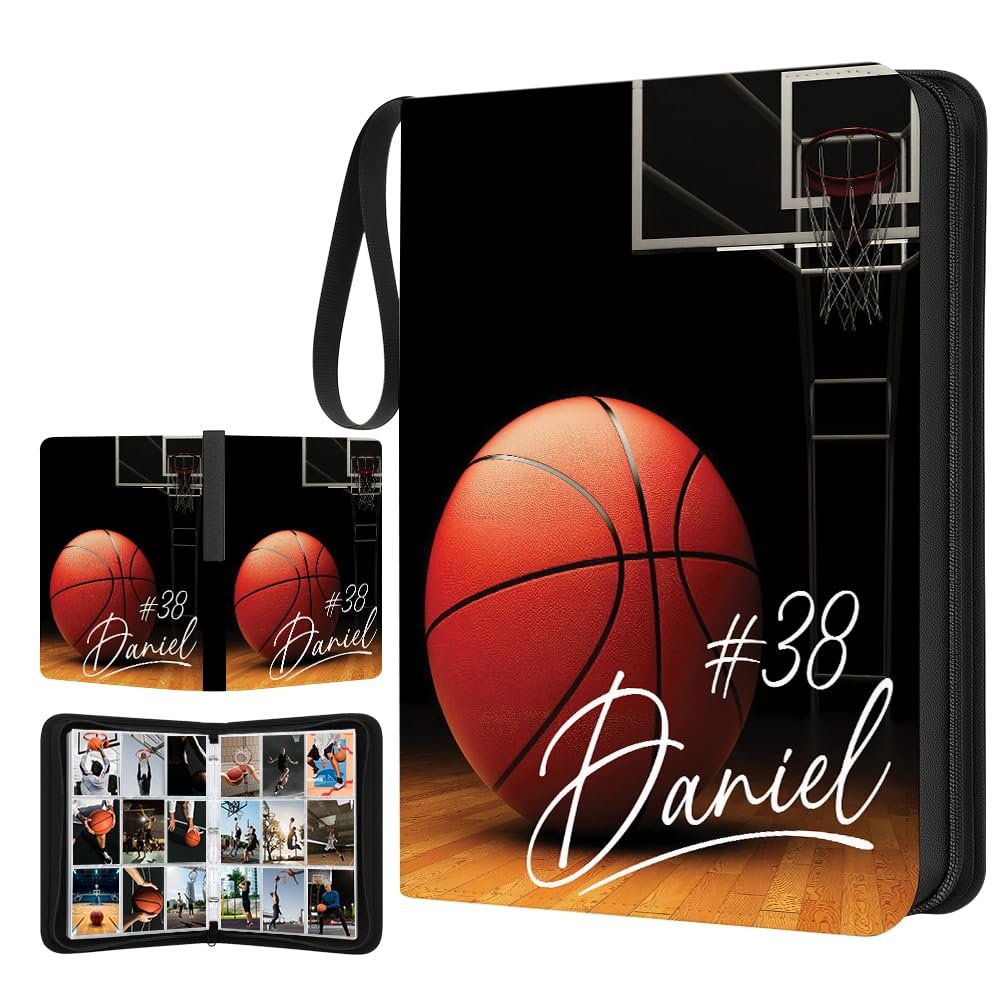 Custom Basketball Card Binder with Name & Number  Personalized Sports Trading Card Album  Collector Book for Kids, Teens, Boys  Gift for Players & Fans (Basketball Court Art)