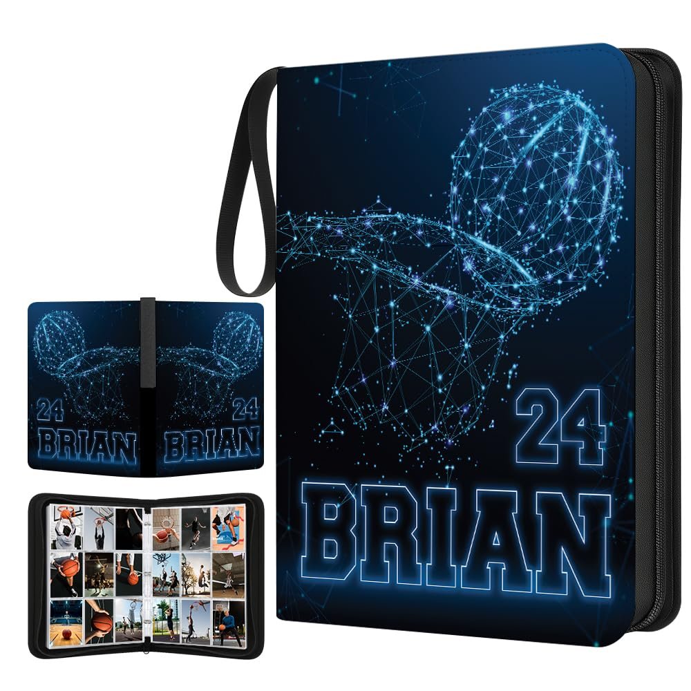 Custom Basketball Card Binder with Name & Number  Personalized Sports Trading Card Album  Collector Book for Kids, Teens, Boys  Gift for Players & Fans (Blue Basketball Hoop)