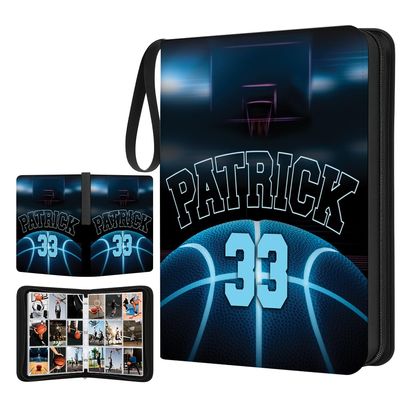 Personalized Basketball Card Binder with Name & Number  Sport Trading Card Album for Kids  Custom Sports Card Collector Book  Gifts for Boys, Teens, Players, Fans (Dark Blue Basketball Court)