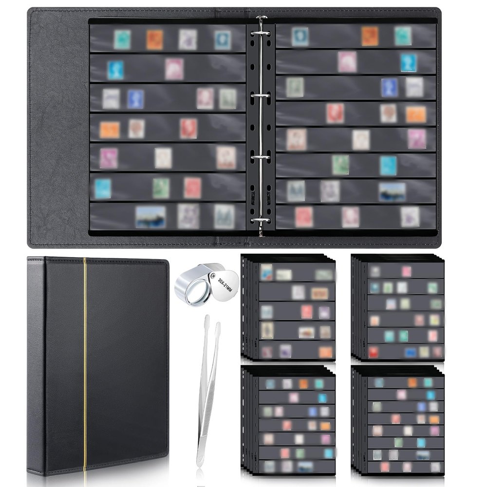 Lewtemi Stamp Collecting Albums Set Stamp Collection Book Include 20 Pages Album Binder Tweezer and Loop Magnifier Collecting Supplies for Collectors (Black,5/6/7/8 Rows)