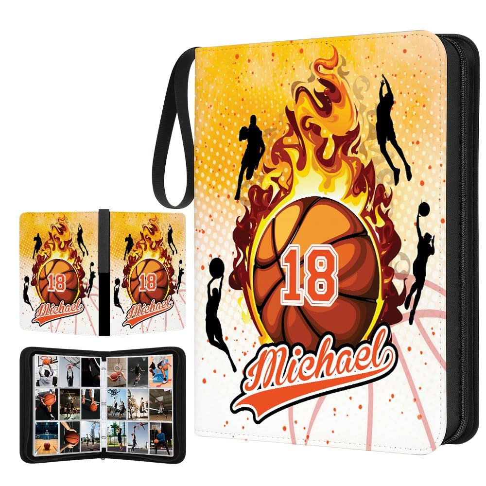 Custom Basketball Card Binder with Name & Number  Personalized Sports Trading Card Album  Collector Book for Kids, Teens, Boys  Gift for Players & Fans (Fire Basketball)