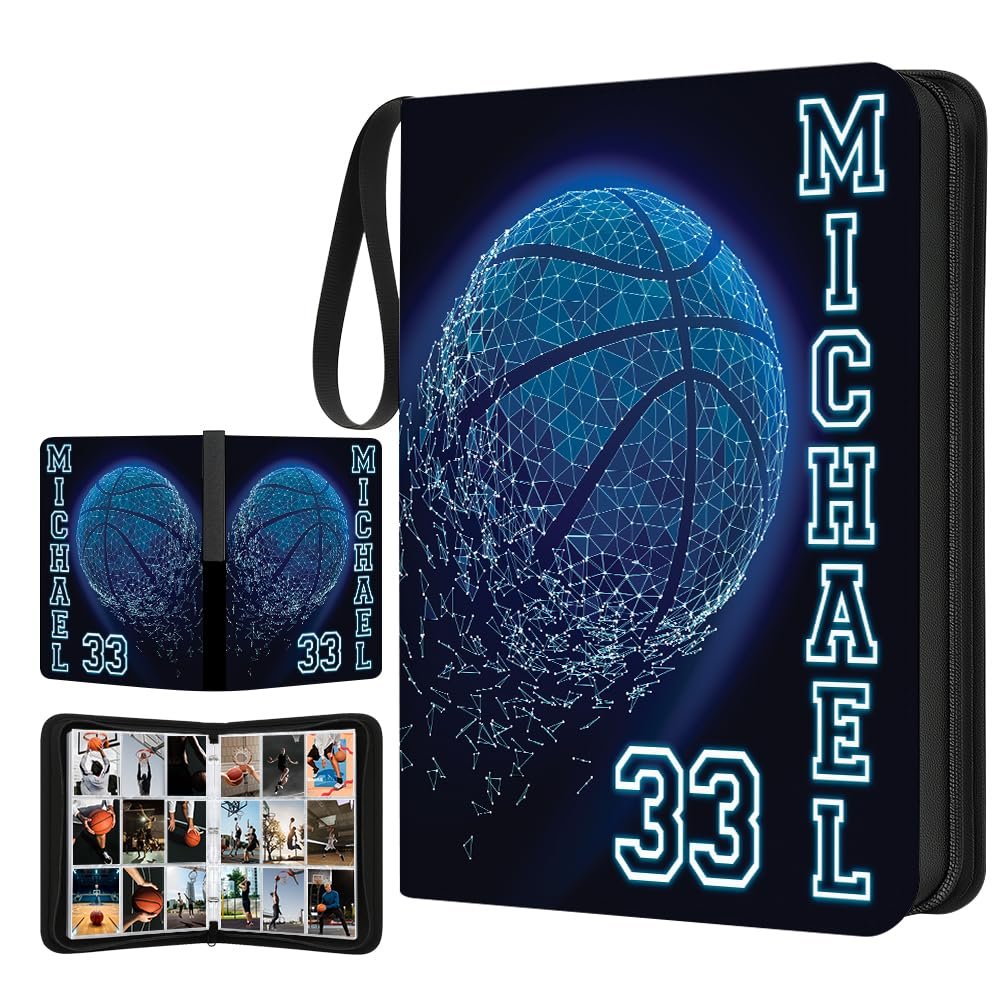 Custom Basketball Card Binder with Name & Number  Personalized Sports Trading Card Album  Collector Book for Kids, Teens, Boys  Gift for Players & Fans (Basketball Art)