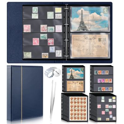Lewtemi Stamp Collecting Albums Set Stamp Collection Book Include 20 Pages Album Binder Tweezer and Loop Magnifier Collecting Supplies for Collectors(Blue,1/2/3/4 Rows)