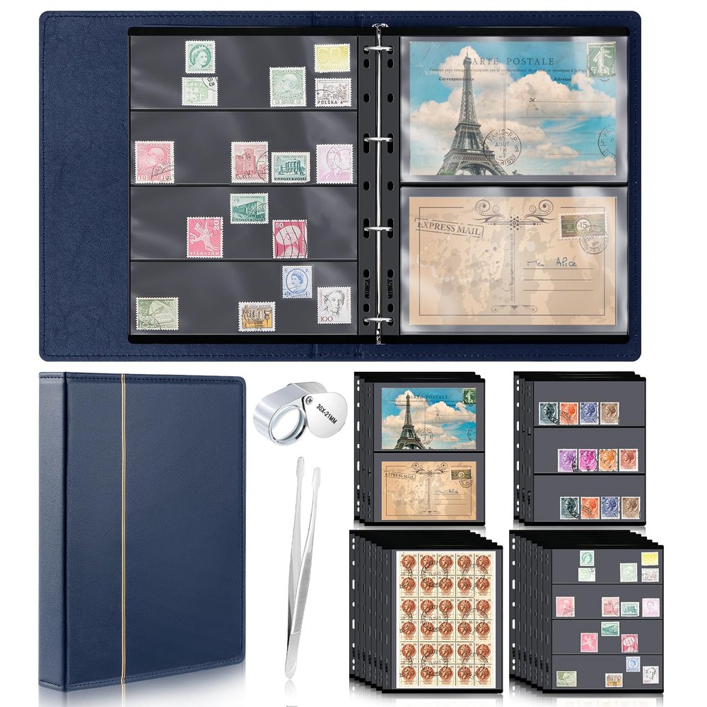 Lewtemi Stamp Collecting Albums Set Stamp Collection Book Include 20 Pages Album Binder Tweezer and Loop Magnifier Collecting Supplies for Collectors(Blue,1/2/3/4 Rows)