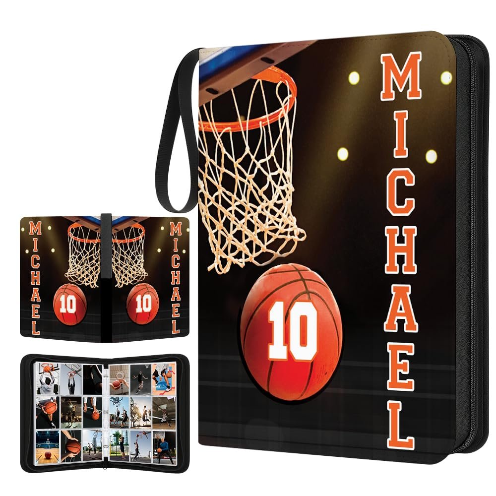Personalized Basketball Card Binder with Name & Number  Sport Trading Card Album for Kids  Custom Sports Card Collector Book  Gifts for Boys, Teens, Players, Fans (Basketball Hoop)