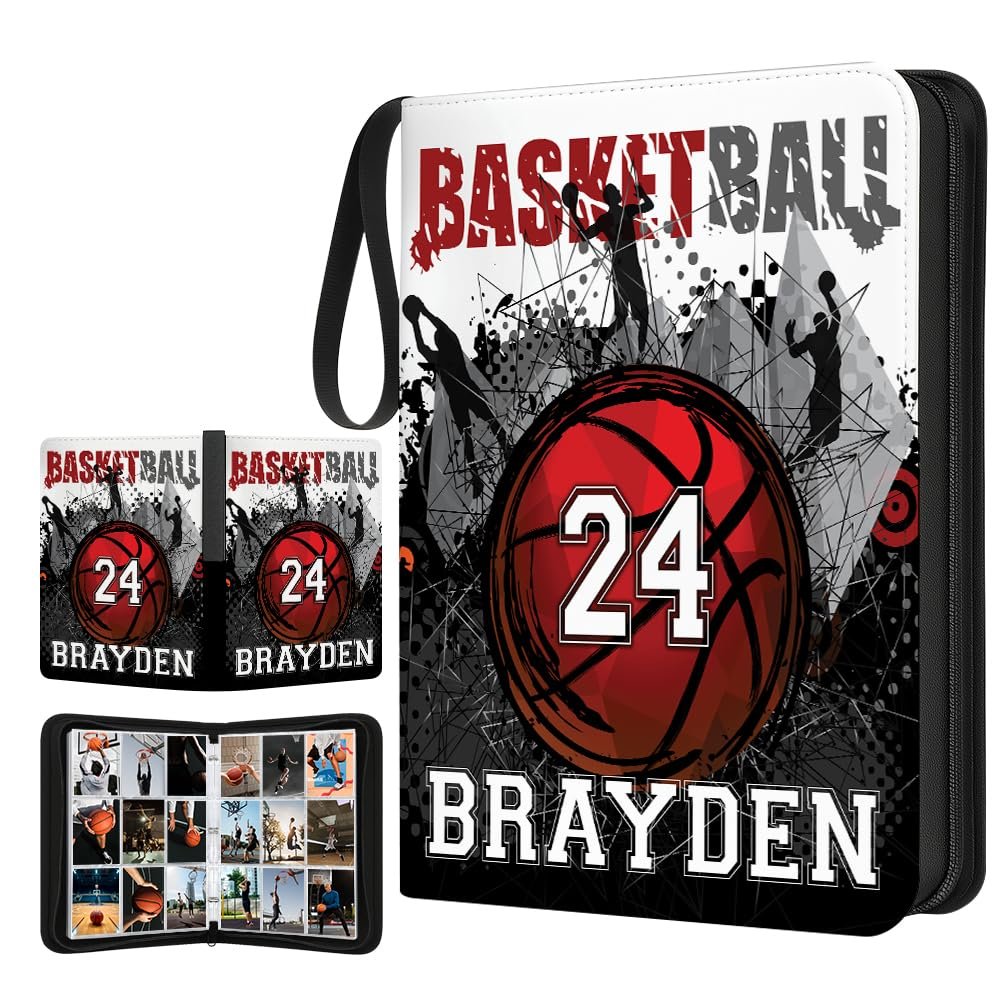 Personalized Basketball Card Binder with Name & Number Sport Trading Card Album for Kids Custom Sports Card Collector Book Gifts for Boys, Teens, Players, Fans (Cool Basketball)