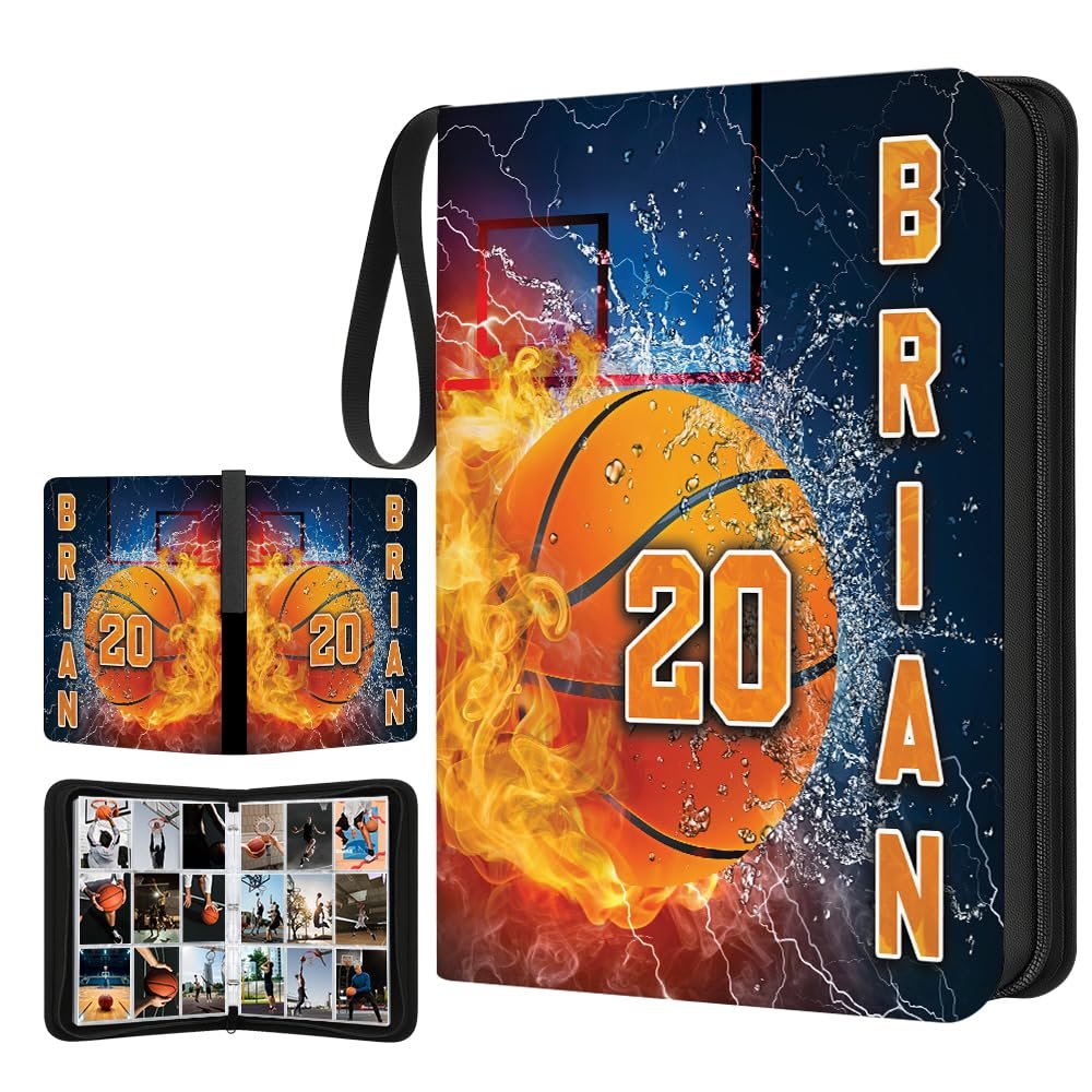 Custom Basketball Card Binder with Name & Number  Personalized Sports Trading Card Album  Collector Book for Kids, Teens, Boys  Gift for Players & Fans (Fire & Water Basketball)