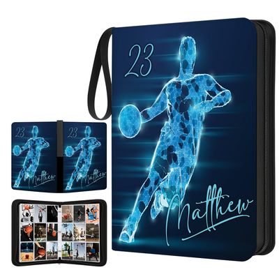Personalized Basketball Card Binder with Name & Number  Sport Trading Card Album for Kids  Custom Sports Card Collector Book  Gifts for Boys, Teens, Players, Fans (Blue Basketball Player)
