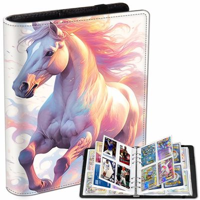 4 Pocket Card Collectible Binder, Waterproof Trading Card Binder with 50 Sleeves Holds 400 Cards, for MTG/TCG Cards, Sports Cards, Game Cards, Business Card Pink Horse Pattern Album Display