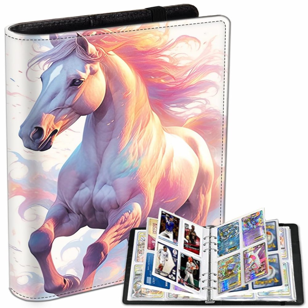 4 Pocket Card Collectible Binder, Waterproof Trading Card Binder with 50 Sleeves Holds 400 Cards, for MTG/TCG Cards, Sports Cards, Game Cards, Business Card Pink Horse Pattern Album Display