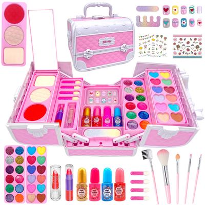 Kids Makeup Kit for Girl, 56PCS Safe and Washable Real Play Make Up Set, Beauty Vanity Set Cosmetic Case with Mirror, Princess Dress up Toys Birthday Gifts for Girls 3 4 5 6 7 8 9 10 11 12 Year Old
