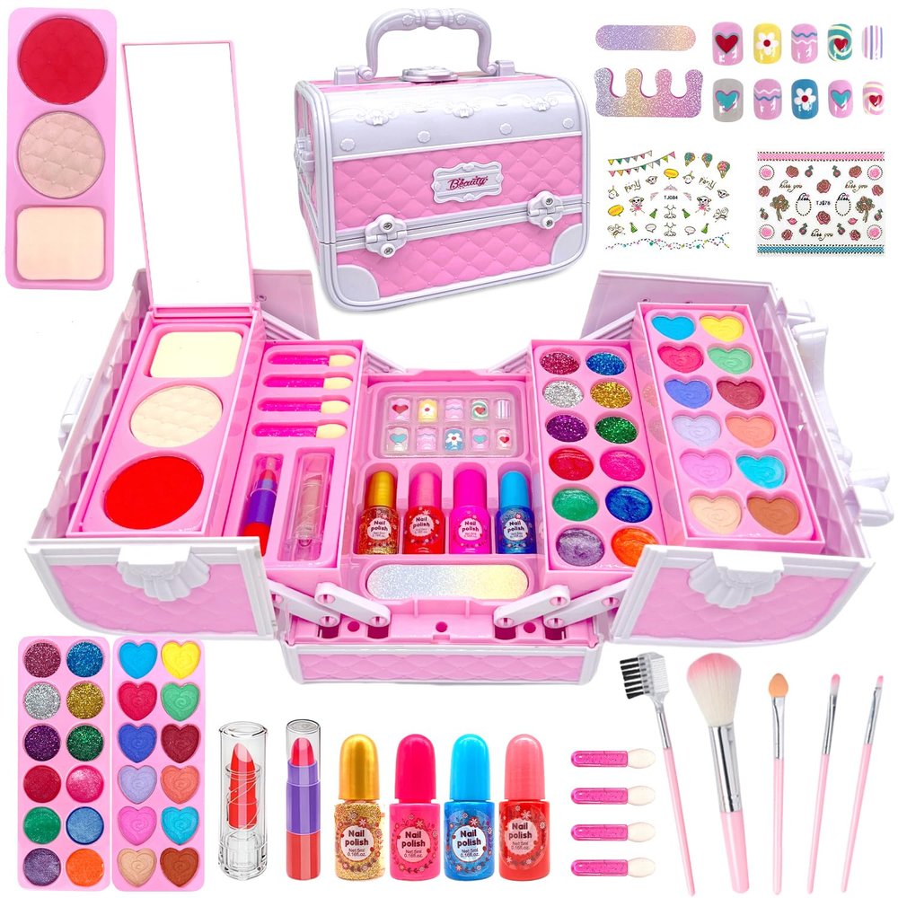Kids Makeup Kit for Girl, 56PCS Safe and Washable Real Play Make Up Set, Beauty Vanity Set Cosmetic Case with Mirror, Princess Dress up Toys Birthday Gifts for Girls 3 4 5 6 7 8 9 10 11 12 Year Old