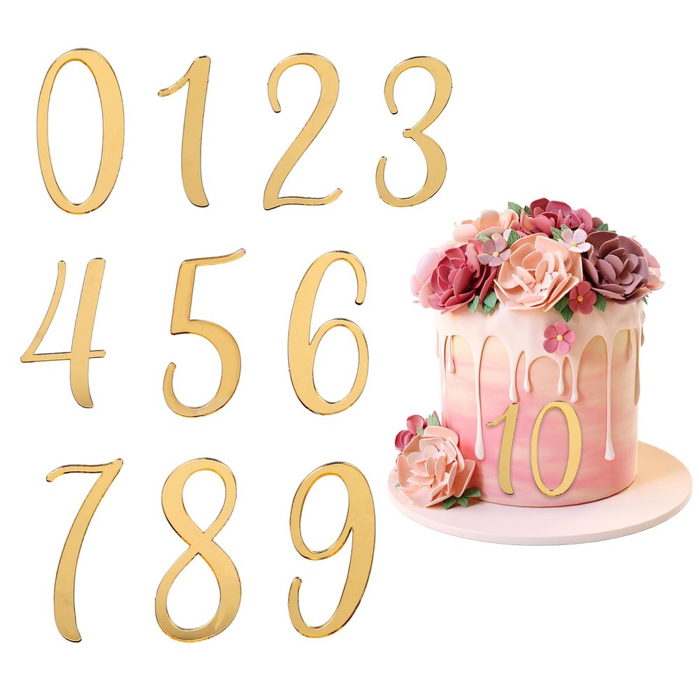 10 PCS Number for Cake Gold Large Acrylic Cake Numbers Topper 0-9 Numbers Mirrored Golden Picks DIY Cupcake Toppers with Number for Wedding Happy Birthday Shower Anniversary Party Supplies Decorations