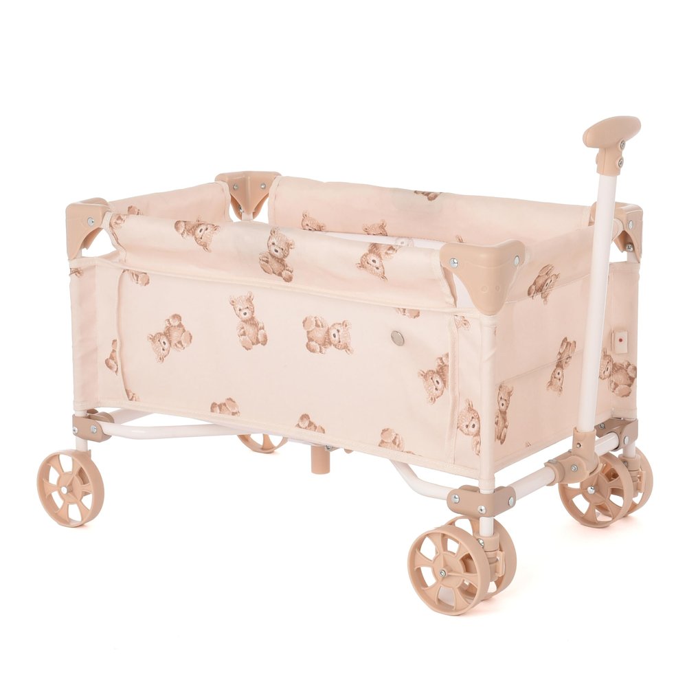 Roma Prams: Teddy Toy Wagon - Beige & Bear - Push & Pull Cart, Transport Dolls-Toys-Stuffed Animals, Storage Accessory, Folding, in-Outdoor, Kids 3+