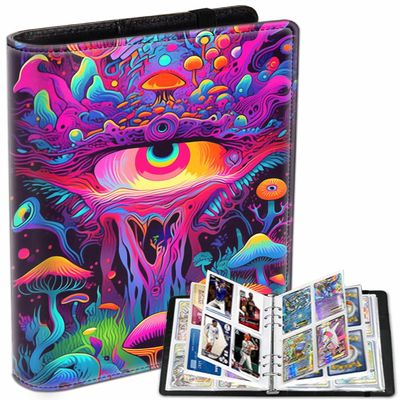 4 Pocket Card Collectible Binder, Waterproof Trading Card Binder with 50 Sleeves Holds 400 Cards, for MTG/TCG Cards, Sports Cards, Game Cards, Business Card Trippy Mushrooms Album Display