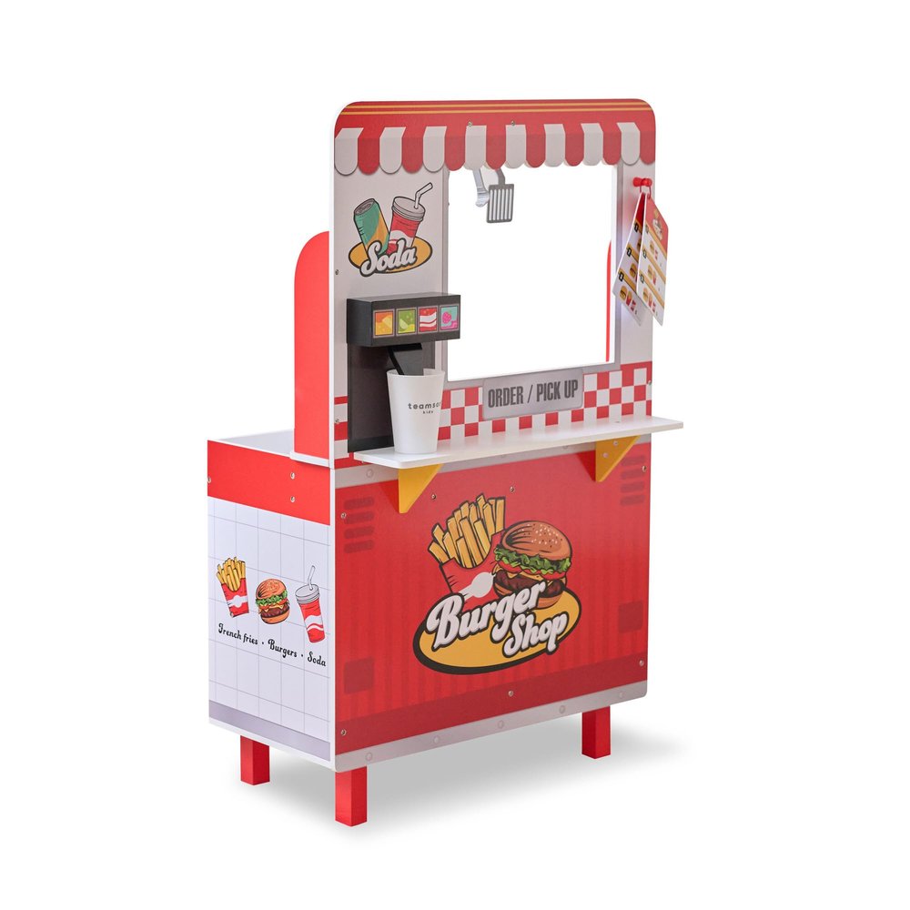 Teamson Kids Flip & Fry Burger Shop Playset with 29 Pretend Play Food Accessories, Interactive Soda Dispenser, Frying Station & Storage, Fast Food Restaurant Role Play Kitchen Toy for Kids Age 3+