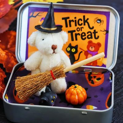 Halloween Bear in a Box for Trick or Treat,Teddy Bear in a Box for Trick or Treat - Miniature Witcher,Handmade Witch Teddy Bear in Box, with Witch Wizard Blanket Broom Cape Pumpkin & Cat (White)