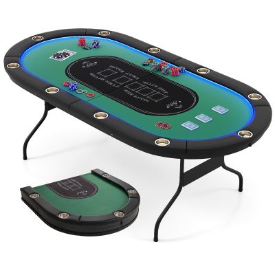 Goplus 84" Foldable Poker Table with LED Lights, 10 Players Card Board Game Table w/Casino Grade Felt, Steel Cup Holder, Padded Rails, for Texas Hold'em, Blackjack, No Assembly Required (Green)